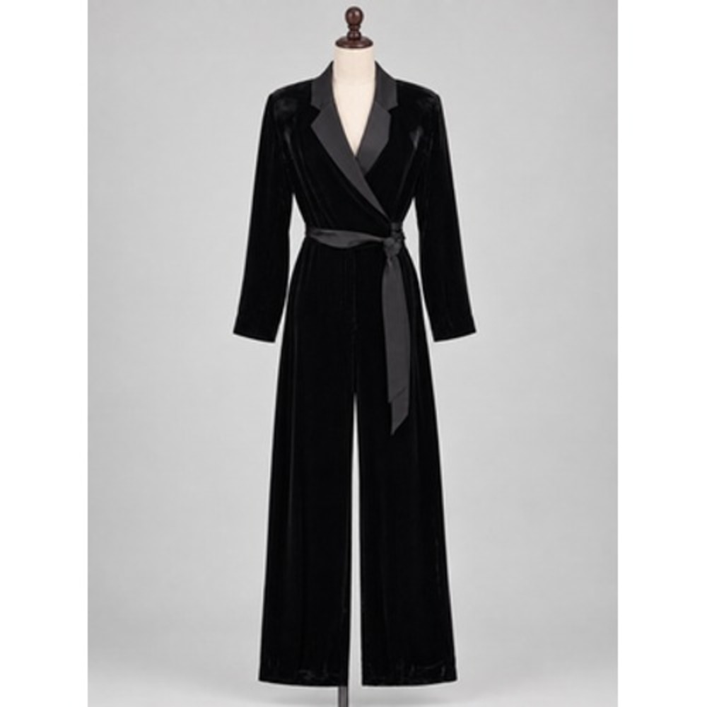 Diane Von Furstenberg Jumpsuit Womens 4 Black Velvet Belted Long Sleeve Tuxedo